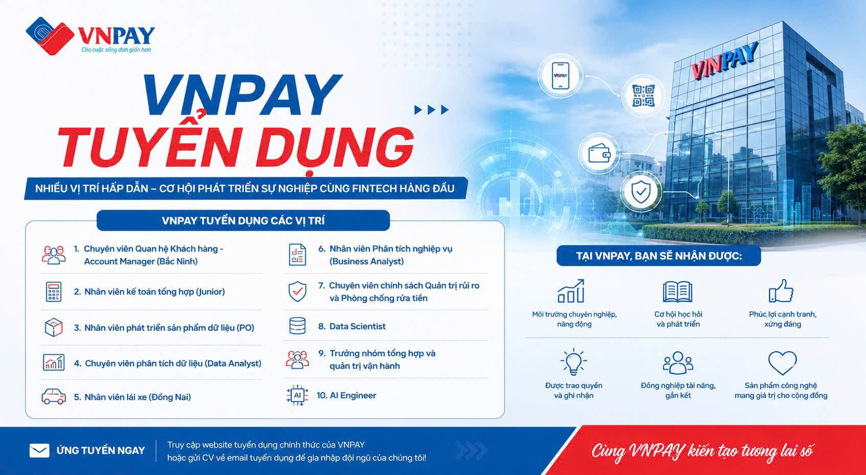 VNPay tuyển dụng nhiều vị trí trong các lĩnh vực kinh doanh, công nghệ và quản trị