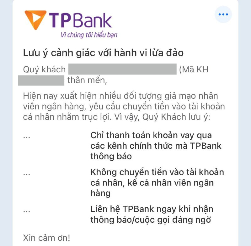 Cảnh báo TPBank gửi cho khách hàng trên ứng dụng Zalo. Ảnh chụp màn hình