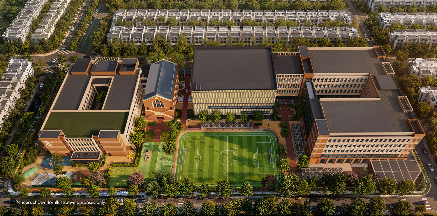 Phối cảnh không gian tổng quan của Trường King's College Wimbledon TP.HCM trước khi chính thức đi vào hoạt động vào tháng 08/2027 tại Global City, TP.HCM
