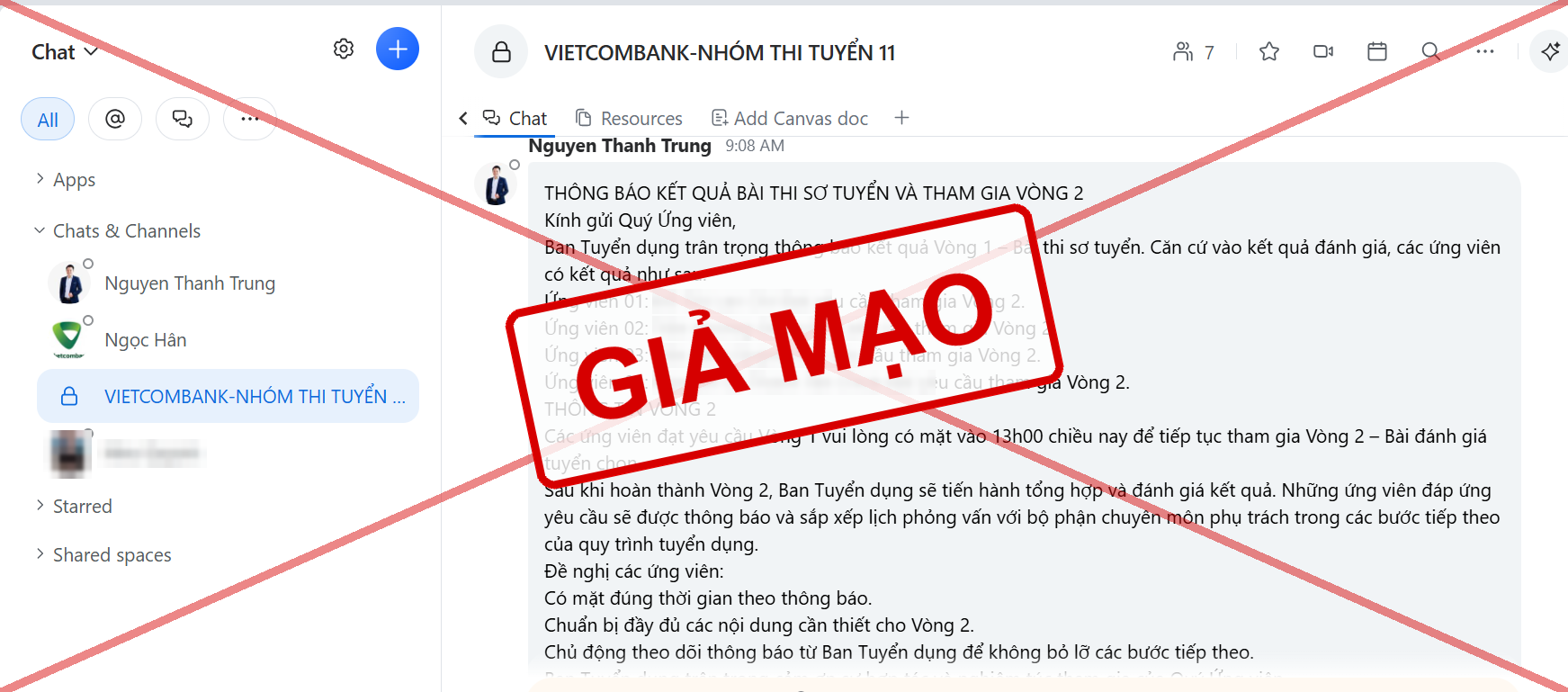 Hình 6: Thông báo kết quả giả mạo nhằm tiếp tục dẫn dắt ứng viên vào vòng lừa đảo tiếp theo