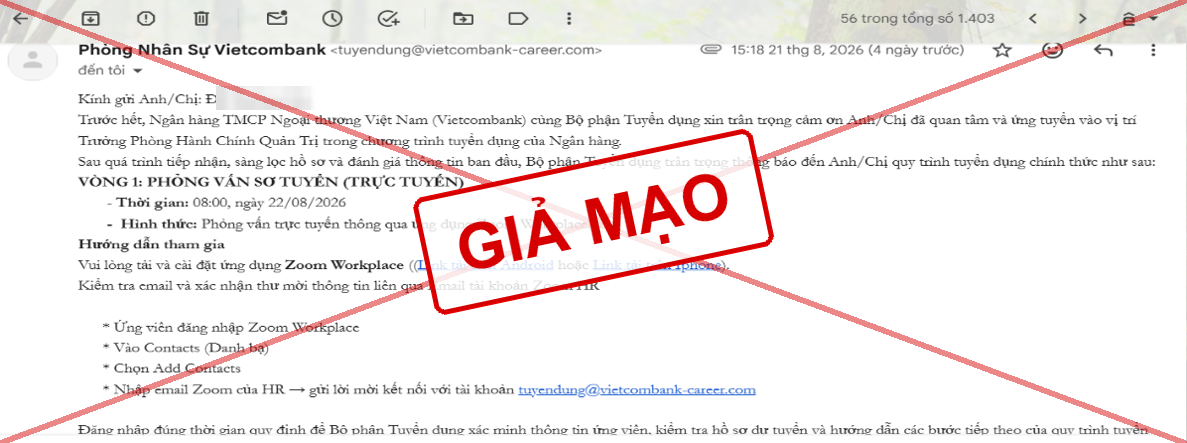 Hình 1: Thư mời phỏng vấn sơ tuyển giả mạo mạo danh Phòng Nhân sự Vietcombank