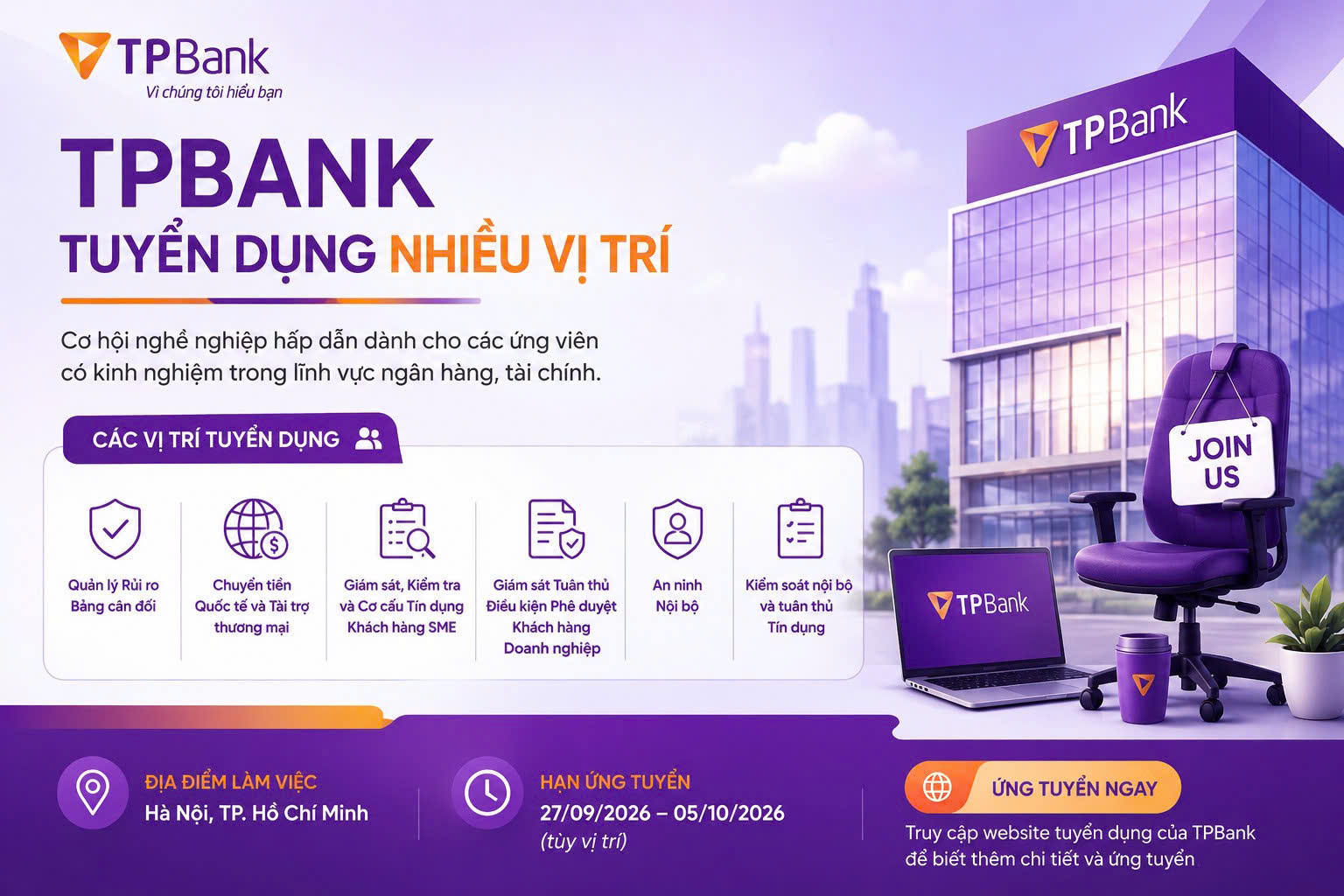 TPBank tuyển dụng nhiều vị trí tại Hà Nội và TP. Hồ Chí Minh