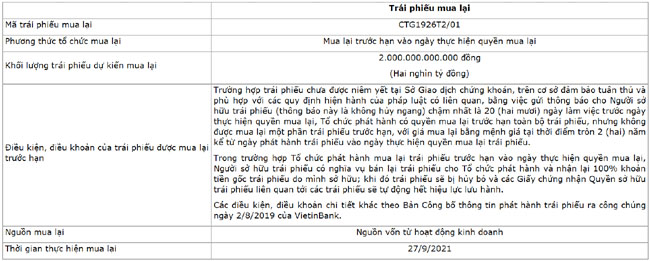 VietinBank cong bo thong tin ve dot mua lai trai phieu