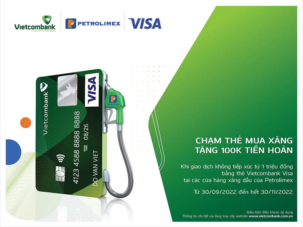 Chu the Vietcombank Visa nhan uu dai 100k khi thanh toan tai he thong cua hang xang dau cua Petrolimex1