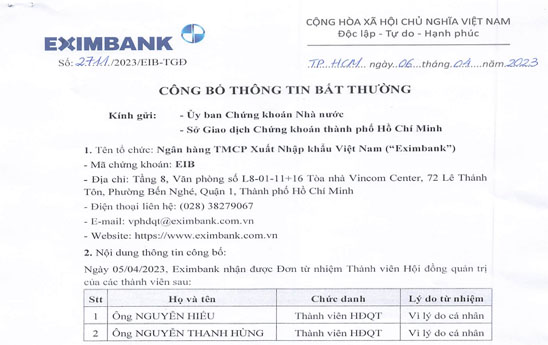 02 thành viên Hội đồng quản trị của Eximbank từ nhiệm