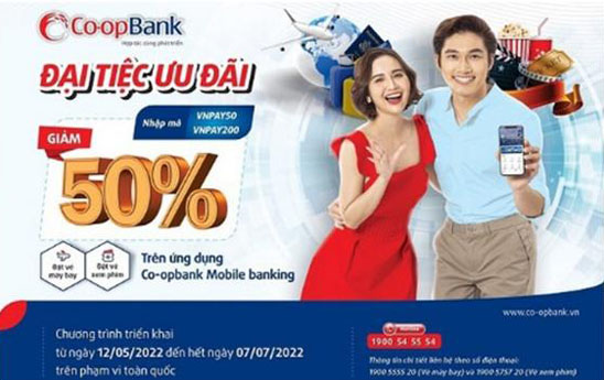 Giảm 50% dịch vụ đặt vé máy bay và vé xem phim trên ứng dụng Co-opBank Mobile Banking