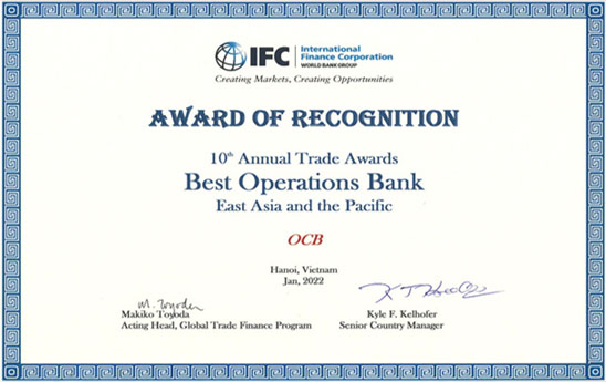 OCB nhận giải thưởng “Ngân hàng chuyên nghiệp nhất trong hoạt động tài trợ thương mại” năm 2021